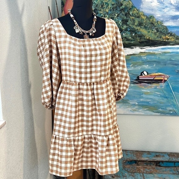 ByThe River,Gingham w/Gold Shimmer, Gathered Neck & Sleeves,Heavier,Size L - Picture 3 of 14